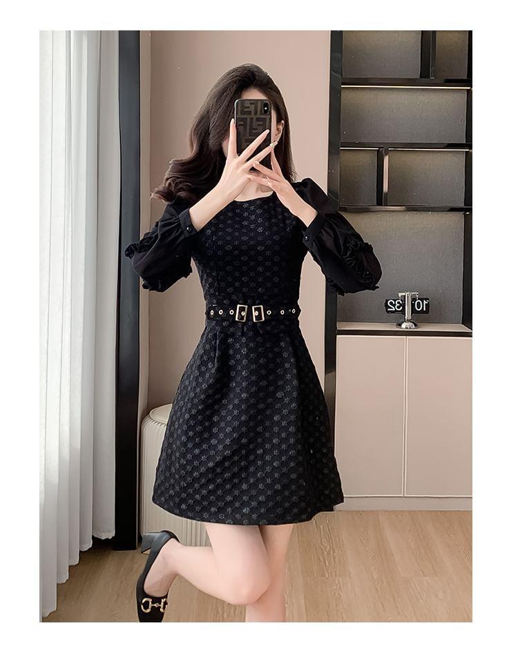 Long-Sleeve Round Neck Floral Mini A-Line Dress Product Image