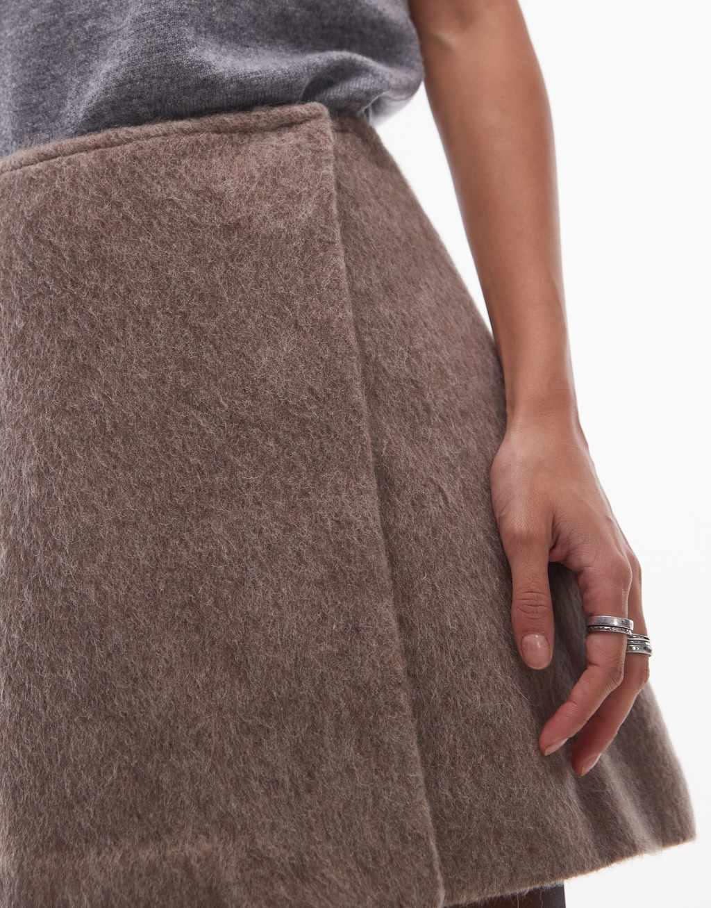 ARKET wool blend hairy texture mini skirt with front button wrap detail in beige Product Image