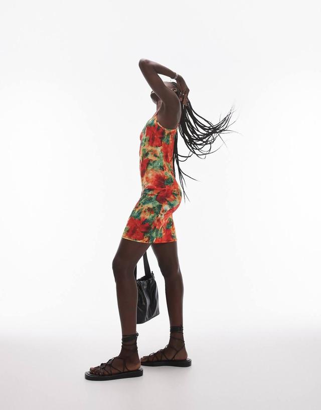 Topshop square neck mini dress in bright floral print in multi Product Image