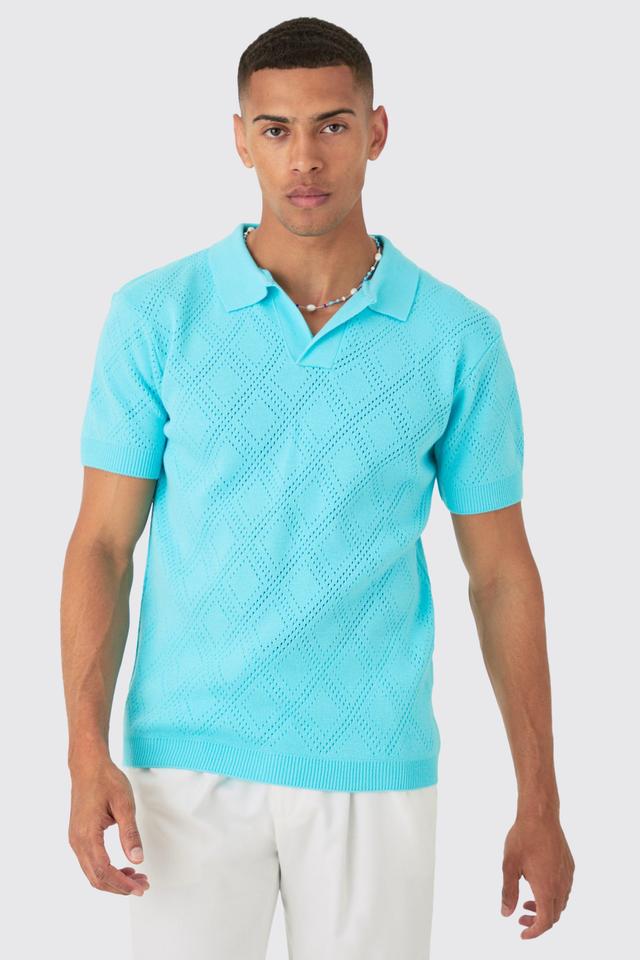 Mens Blue Regular Fit Revere Open Stitch Polo In Aqua, Blue Product Image