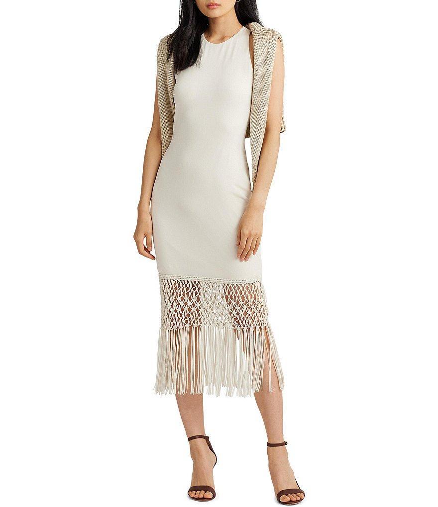 Lauren Ralph Lauren Fringe Trim Round Neck Sleeveless Midi Dress Product Image