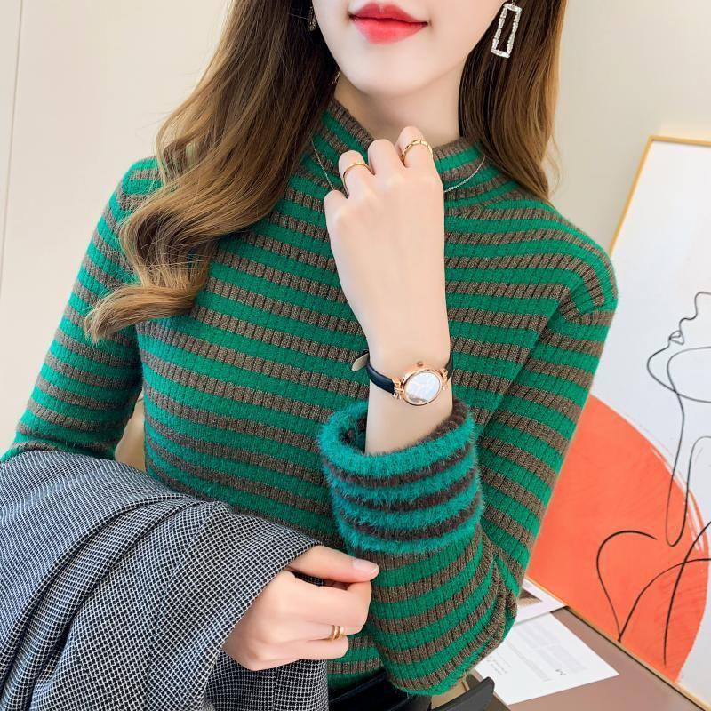 Long-Sleeve Mock Neck Striped Slim Fit Knit Top Product Image