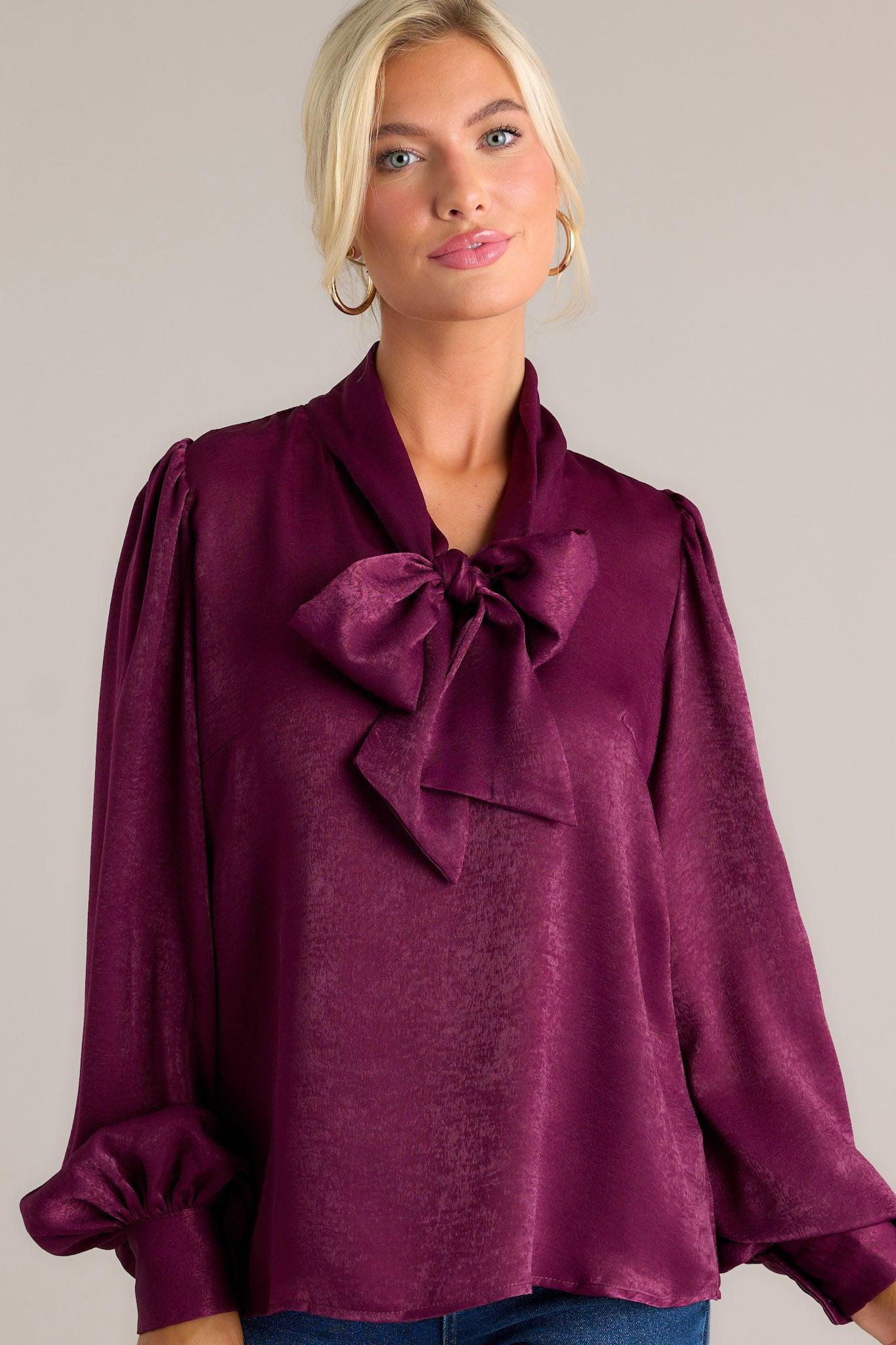 I'm In Charge Dark Purple Tie Neck Top Product Image