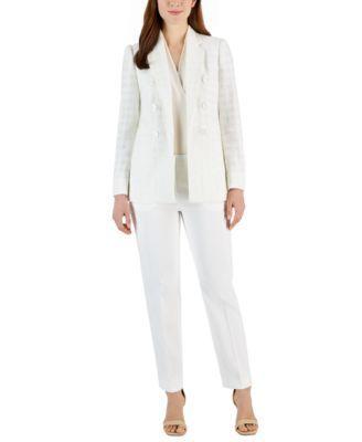 Anne Klein Womens Eyelash Tweed Faux Double Breasted Blazer Pleated Shoulder Sleeveless Shell Top Straight Leg Mid Rise Ankle Pants product image