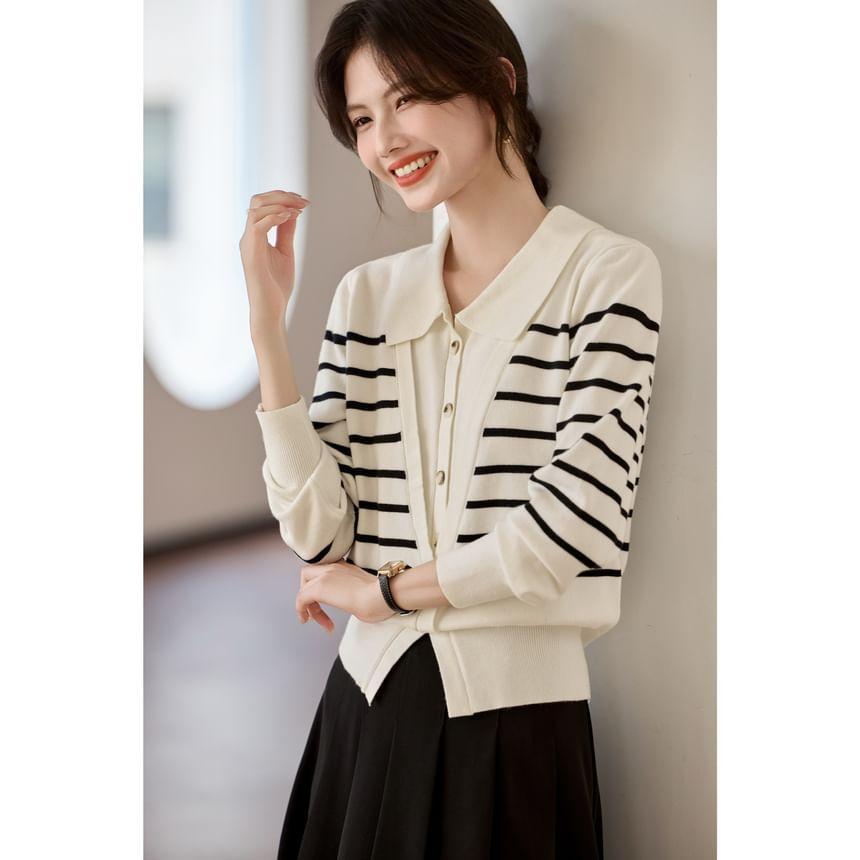 Collared Striped Button-Up Cardigan Product Image