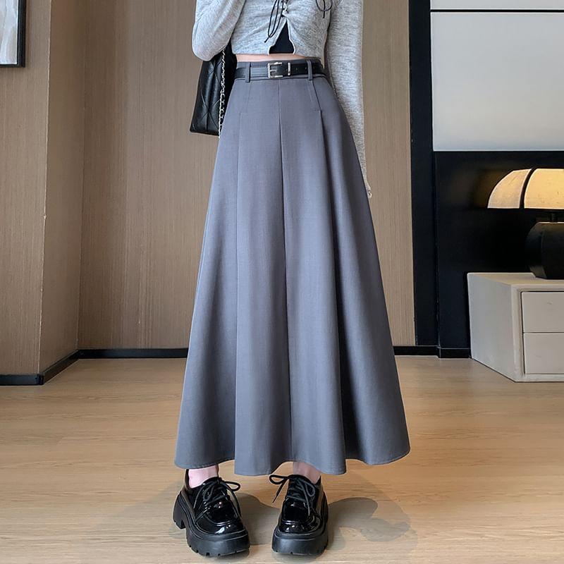 High Waist Plain Pleated Maxi A-Line Skirt Product Image