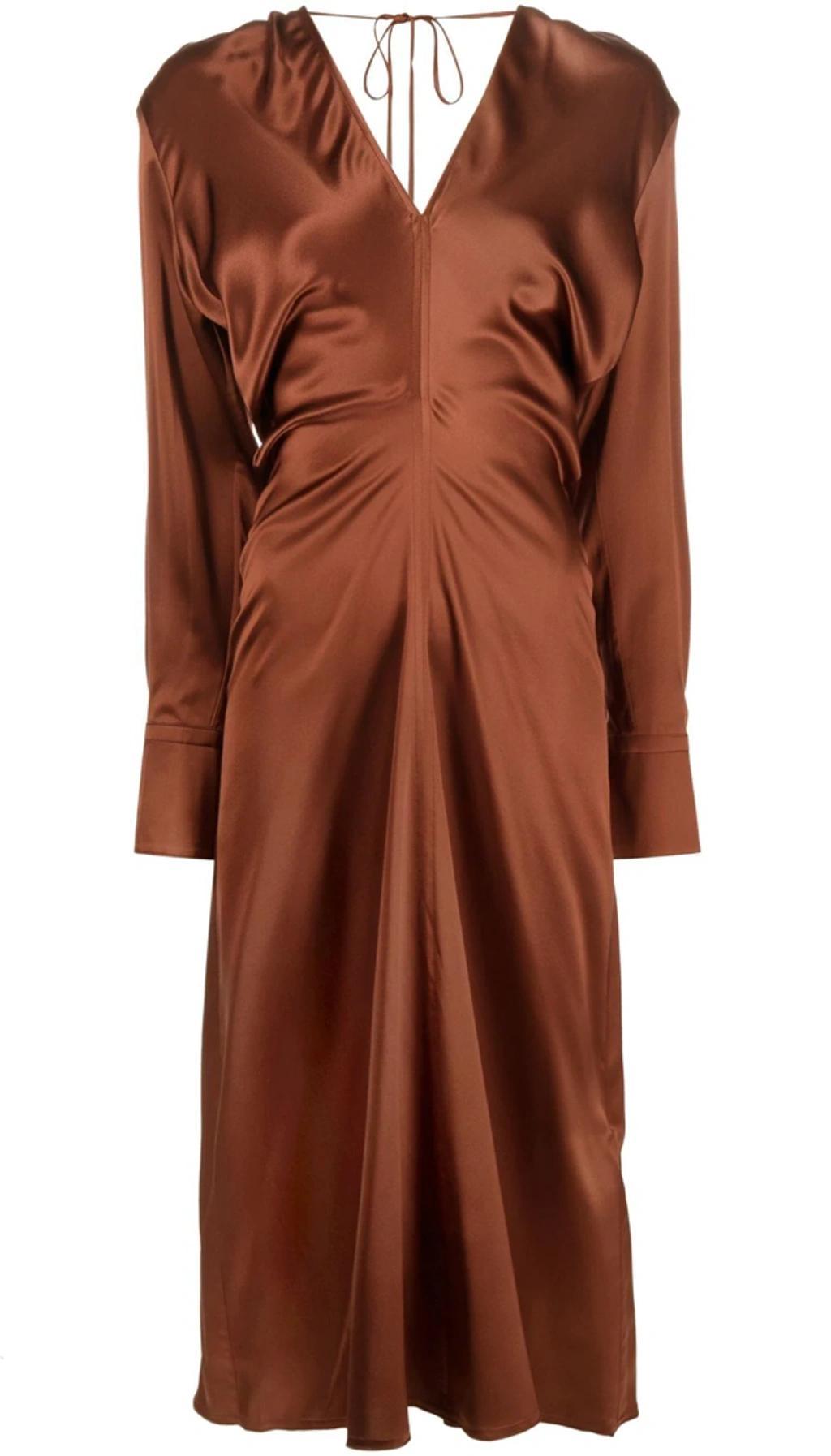 Gathered-detail V-neck Dress In Chocolate Product Image