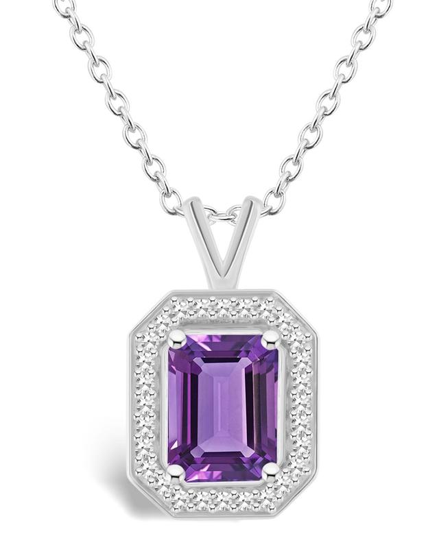 Celebration Gems Sterling Silver Emerald Cut Gemstone & 1/8 Carat T.W. Diamond Halo Pendant Necklace, Womens Purple Product Image