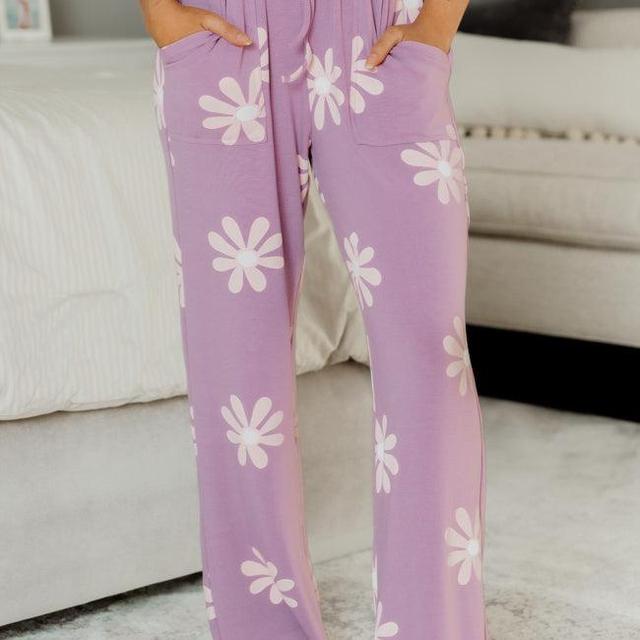 Don't Let Me Down Purple Flower Lounge Wide Leg Pant FINAL SALE Product Image