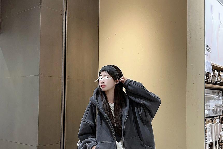 Drop Shoulder Plain Oversized Zip Hoodie / Mid Waist Plain Wide Leg Pants Product Image