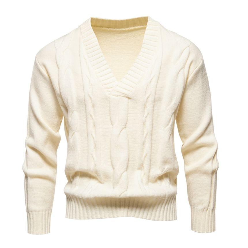 V-Neck Plain Cable Knit Sweater Product Image