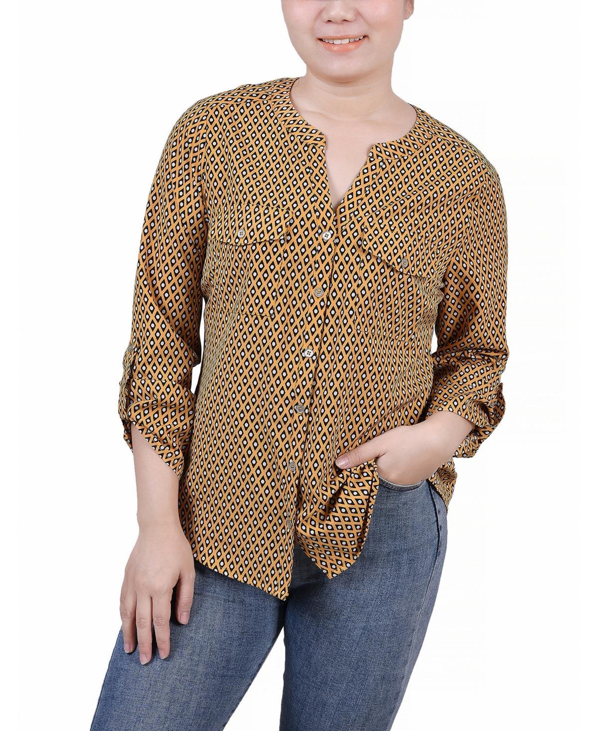 Petite 3/4 Sleeve Roll Tab Y Neck Blouse Product Image