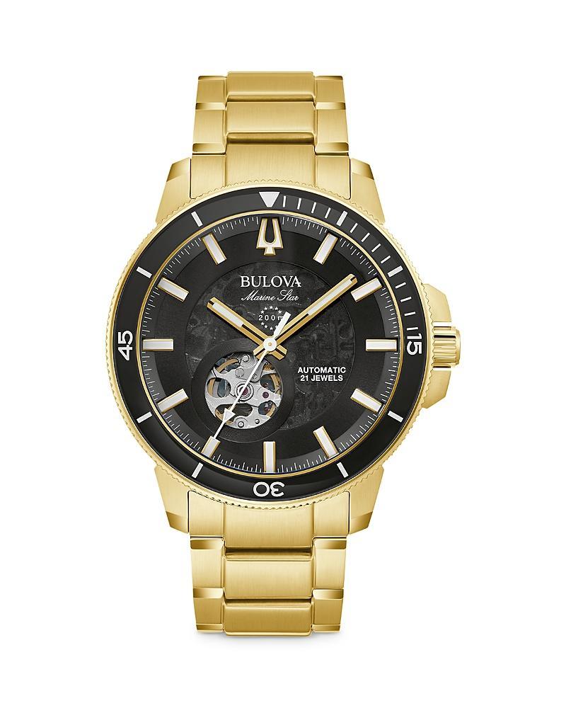 Men's Bulova Marine Star Gold-Tone Automatic Watch with Black Skeleton Dial (Model: 97A174) Product Image