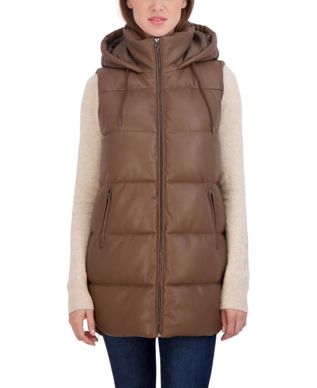 Sebby Collection Womens Puffer Faux Leather Vest with Hood Product Image