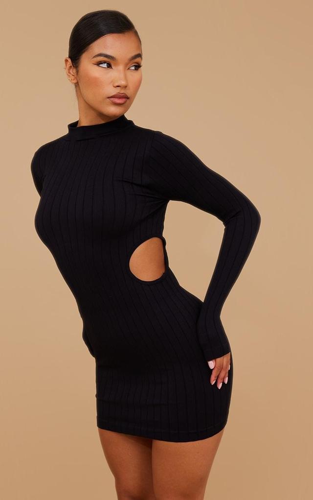 Black Structured Snatched Rib High Neck Cut Out Bodycon Dress Product Image