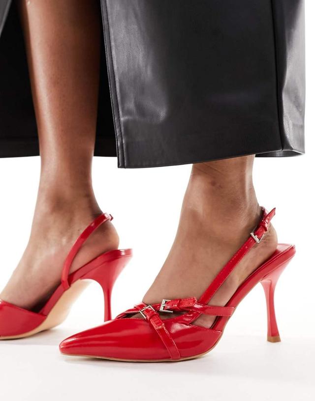 Public Desire smoosh front strap heeled shoes in red  Product Image