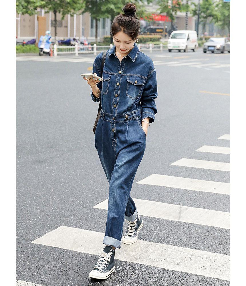 Long-Sleeve Denim Jumpsuit Product Image