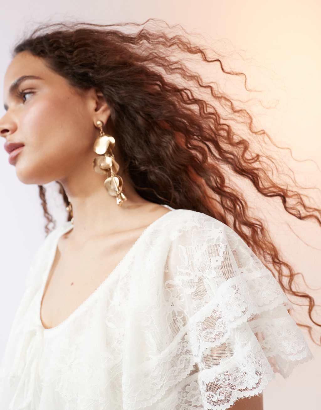 ASOS DESIGN lace ruffle cape blouse top in ivory Product Image