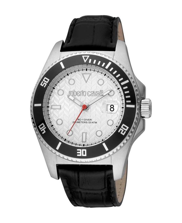 Roberto Cavalli Mens Quartz Black Leather Watch 44mm - Silver Product Image