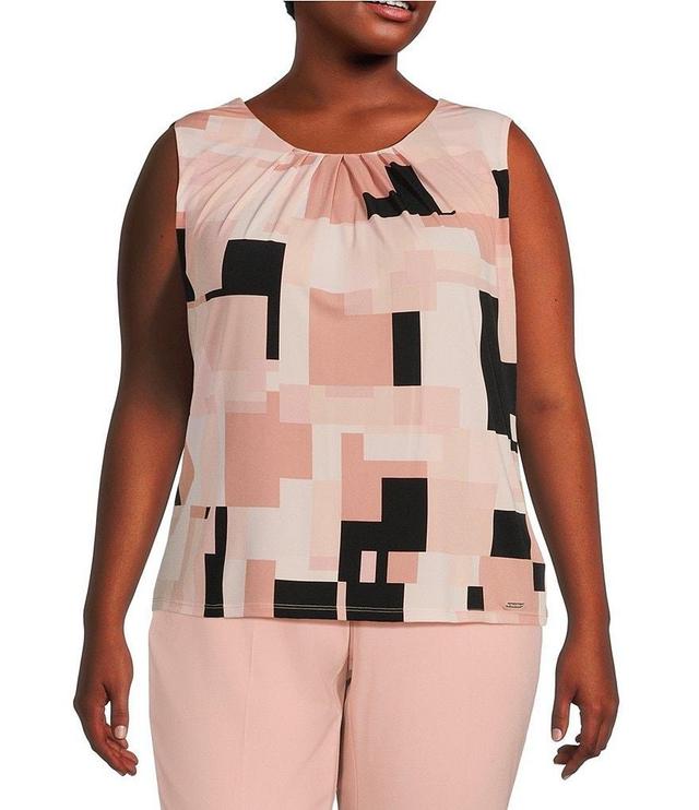 Calvin Klein Plus Size Matte Jersey Geometric Print Pleated Neck Sleeveless Cami Product Image