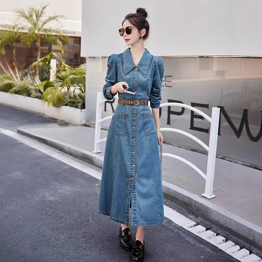 Long-Sleeve Washed Denim Maxi A-Line Shirt Dress Product Image