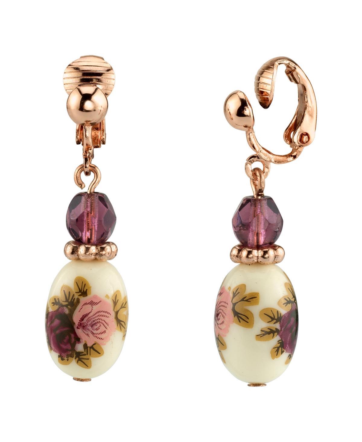 1928 Rose Gold Tone Purple Bead Flower Motif Porcelain Drop Earrings, Womens Product Image