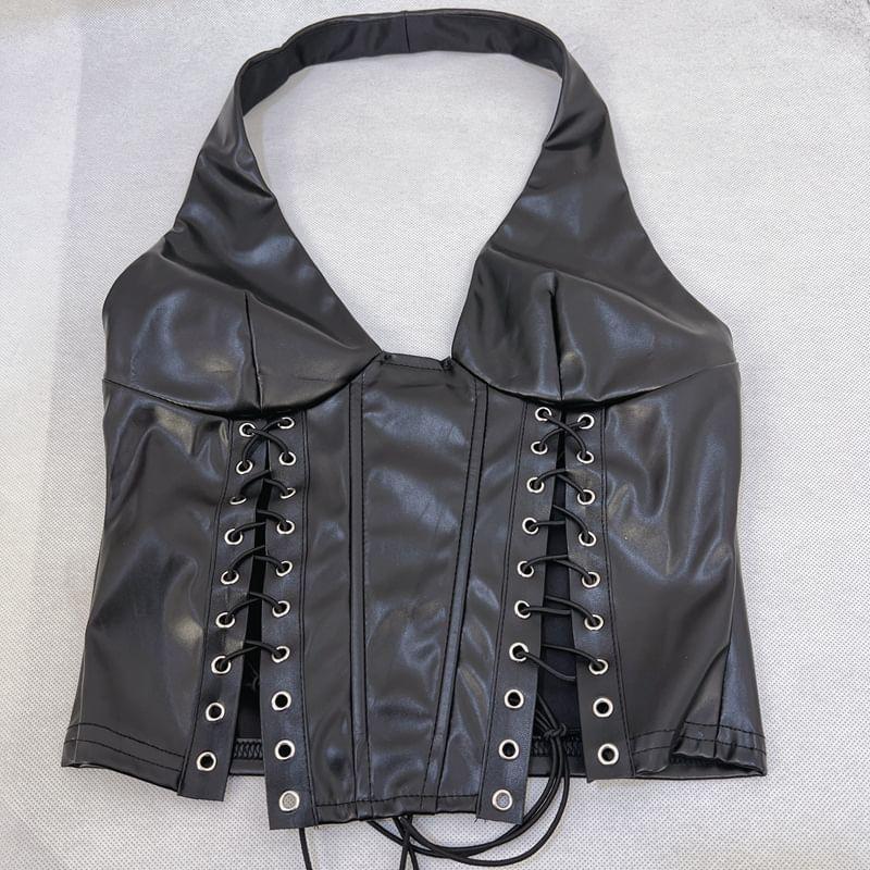 Halter Plain Lace-Up Faux Leather Corset Top Product Image