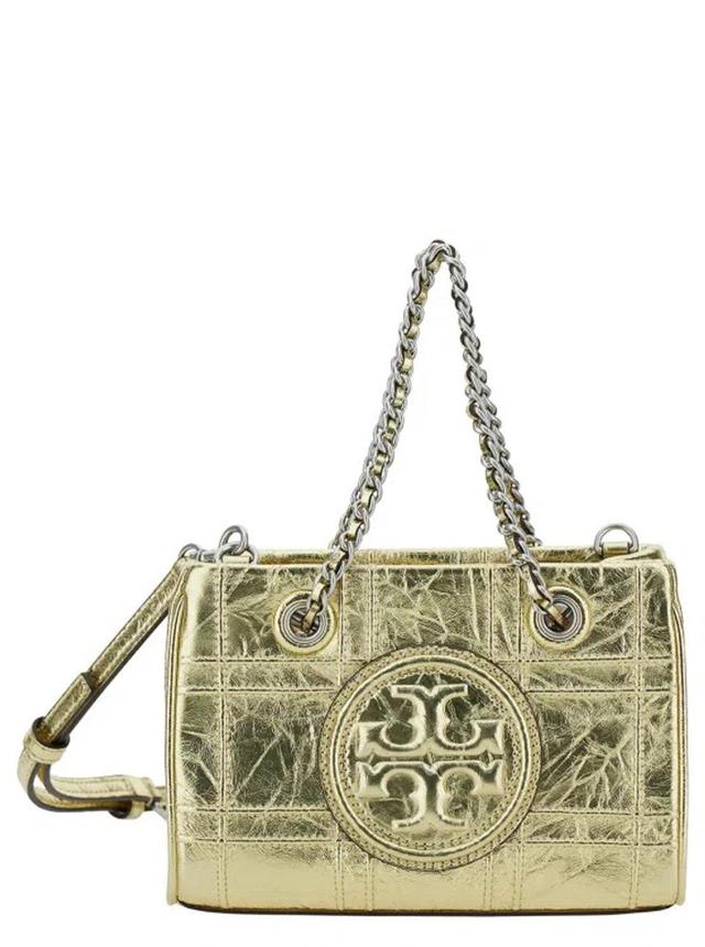 TORY BURCH Fleming Soft Mini Gold-colored Shoulder Bag With Embossed Logo In Metallic Leather In Neutrals Product Image