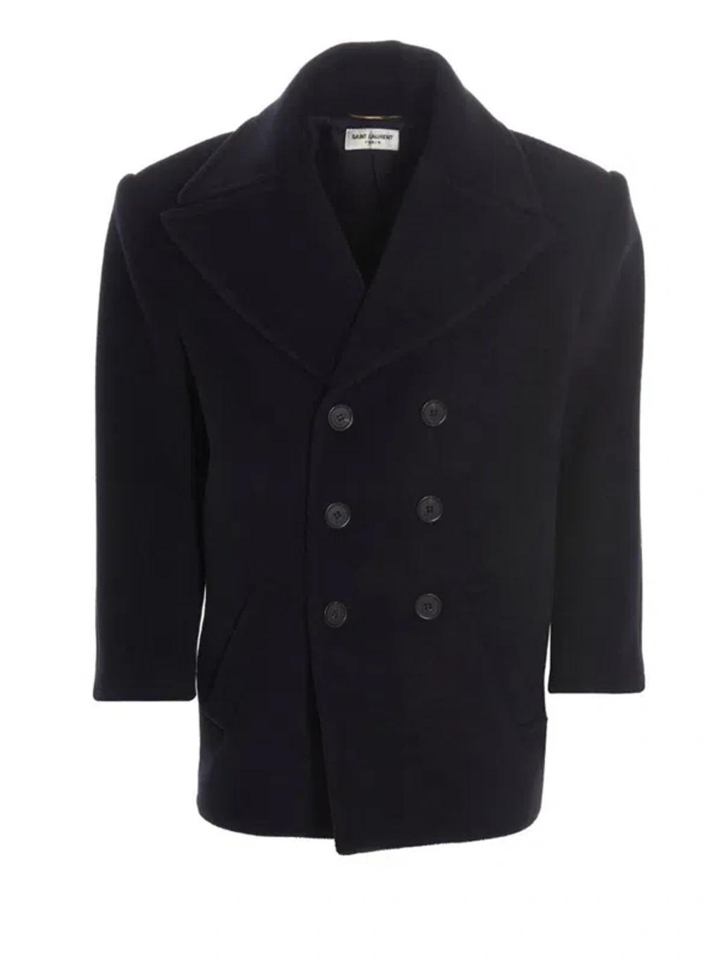 SAINT LAURENT Navy Blue Double Breasted Coat Product Image