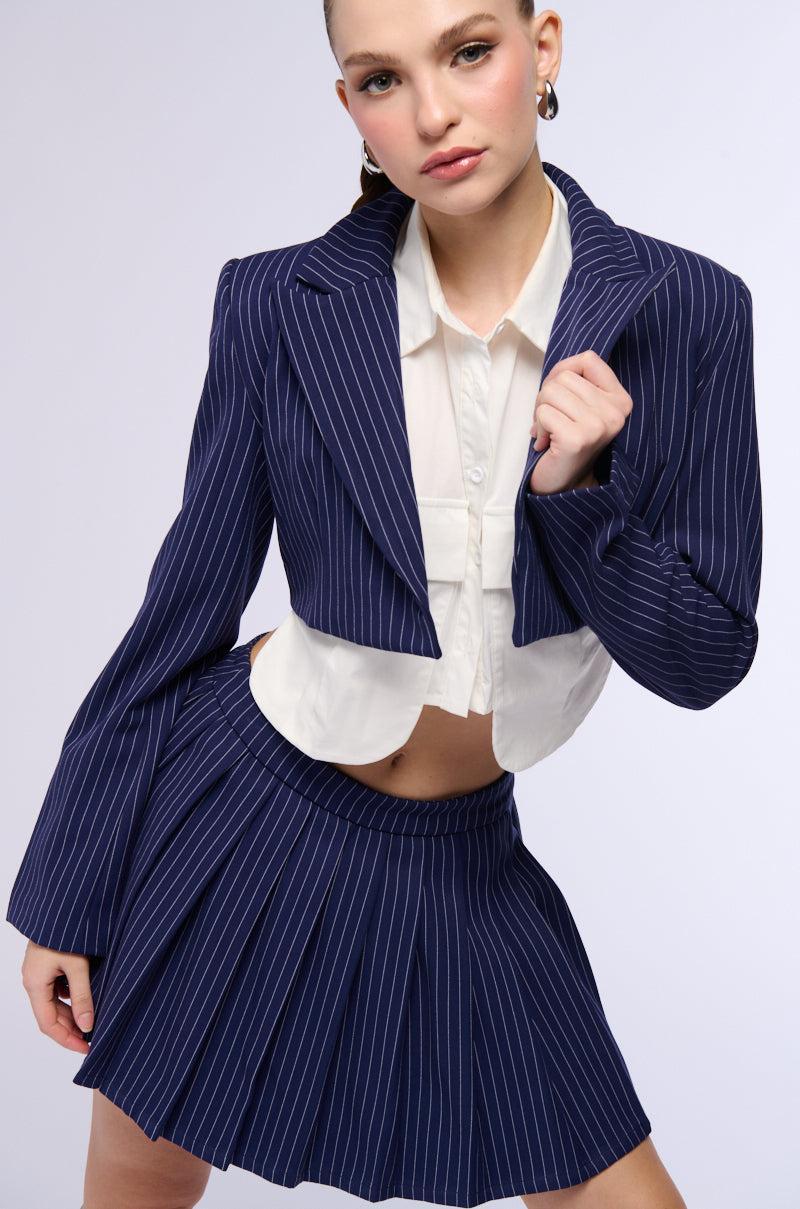 WHATS THE TEA PINSTRIPE CROP BLAZER IN NAVY Product Image