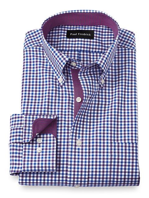 Non-Iron Cotton Gingham Dress Shirt With Contrast Trim - Blue/purple Product Image