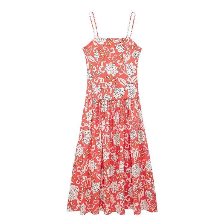 Spaghetti Strap Floral Print Maxi A-Line Dress Product Image