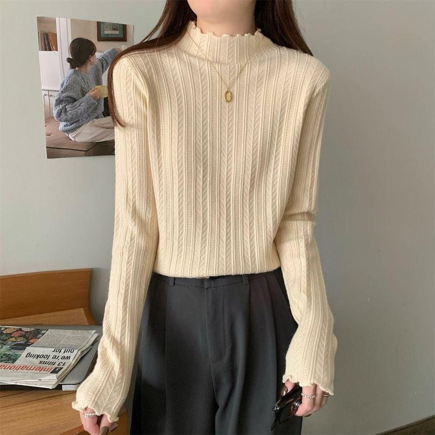 Long-Sleeve Mock Neck Plain Lettuce Edge Knit Top Product Image