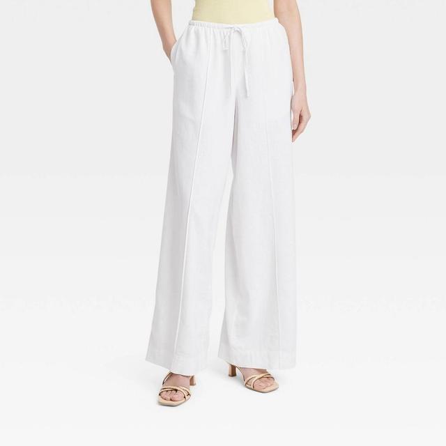 Women's High-Rise Wide Leg Linen Pull-On Pants - A New Day™ White XS Product Image