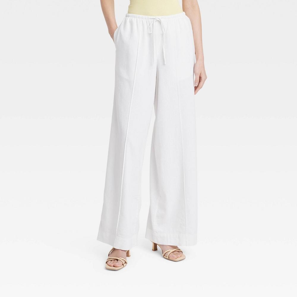 Womens High-Rise Wide Leg Linen Pull-On Pants - A New Day White XL Product Image