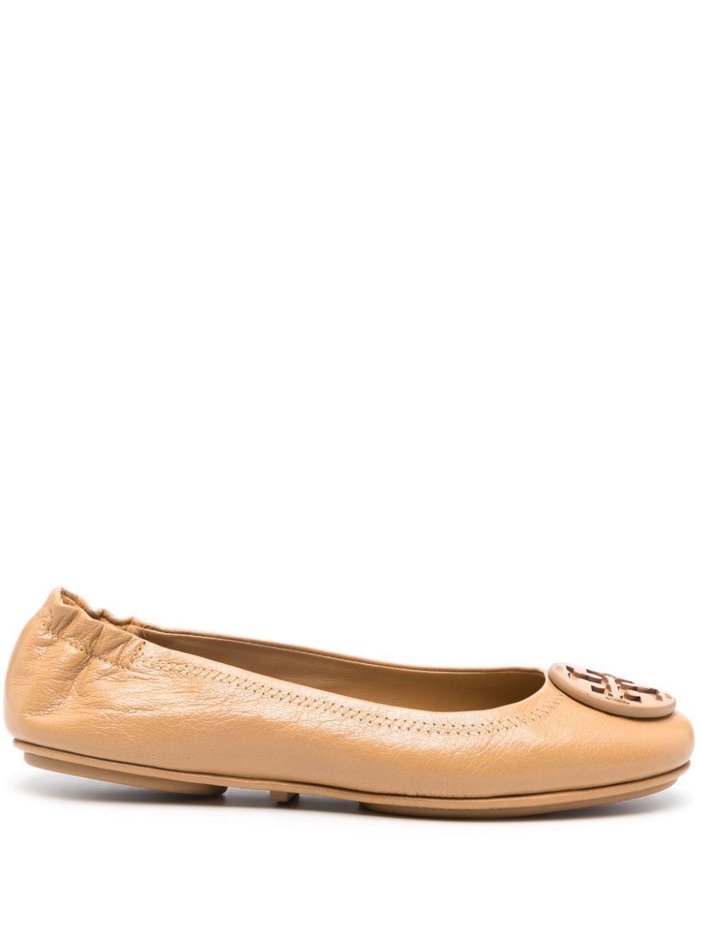 TORY BURCH Double T-plaque Leather Ballerinas In Beige Product Image