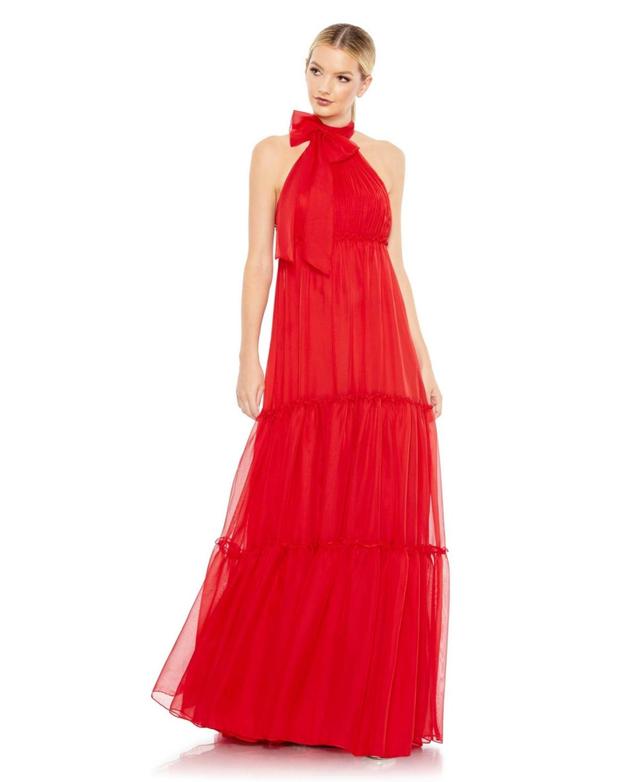 Womens Ieena Ruched Tiered High Neck Bow A Line Gown Product Image