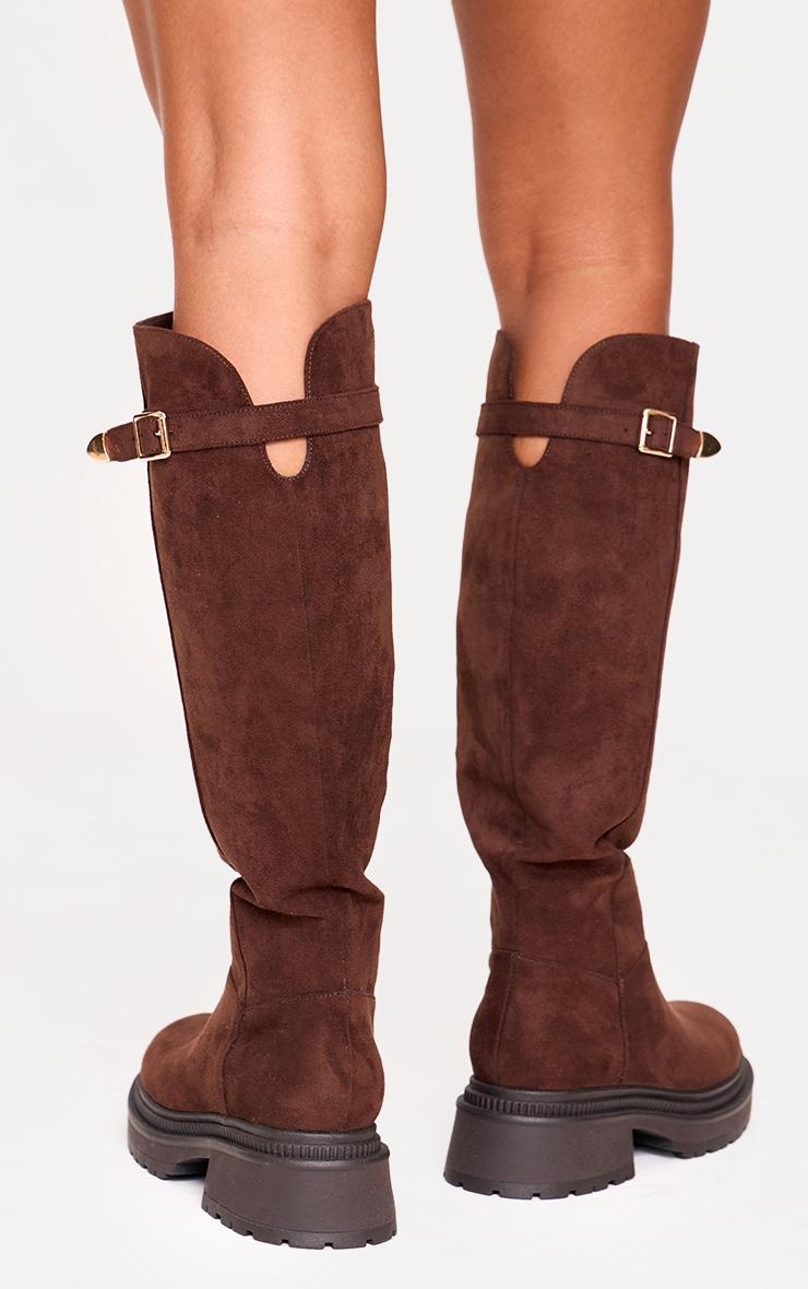 Chocolate Faux Suede Round Toe Chunky Sole Knee High Boots Product Image