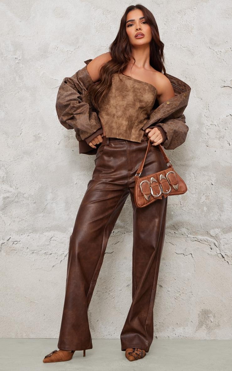 Chocolate Washed Faux Leather Dip Hem Corset Product Image