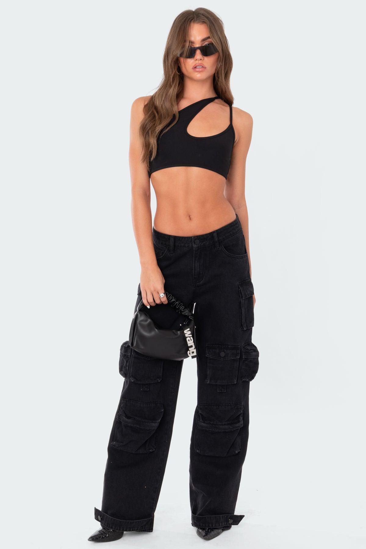 Asymmetrical Ribbed Cut Out Crop Top Product Image