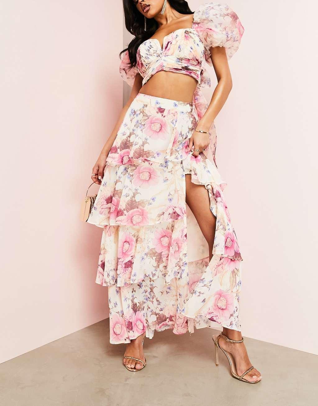 ASOS LUXE ruched wrap tiered maxi skirt in floral print - part of a set Product Image