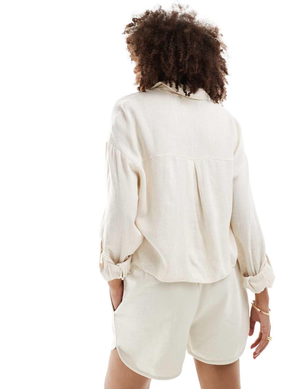 Stradivarius rustic cropped shirt in natural  Product Image