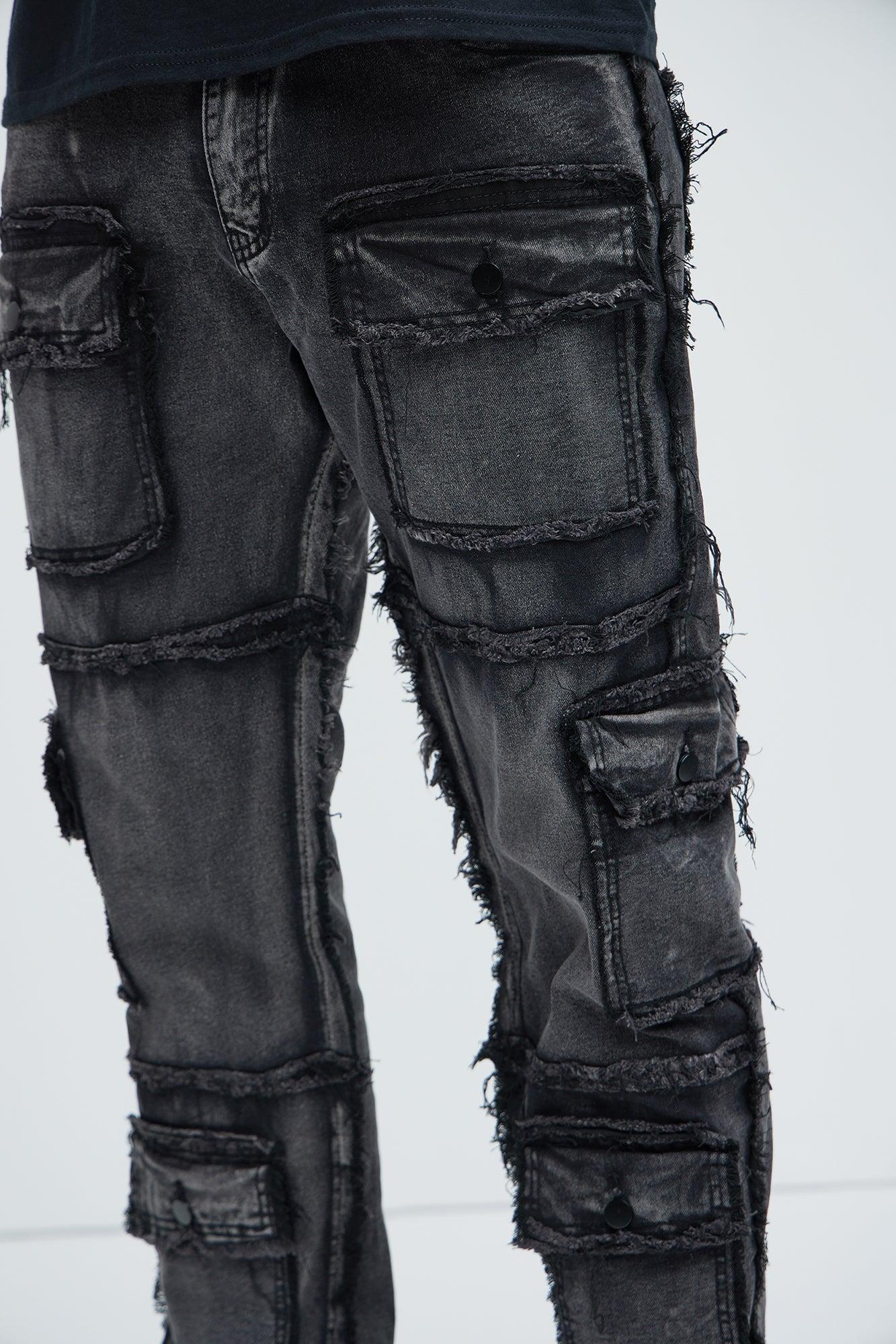 One Way Cargo Frayed Straight Jeans - Black Wash Product Image