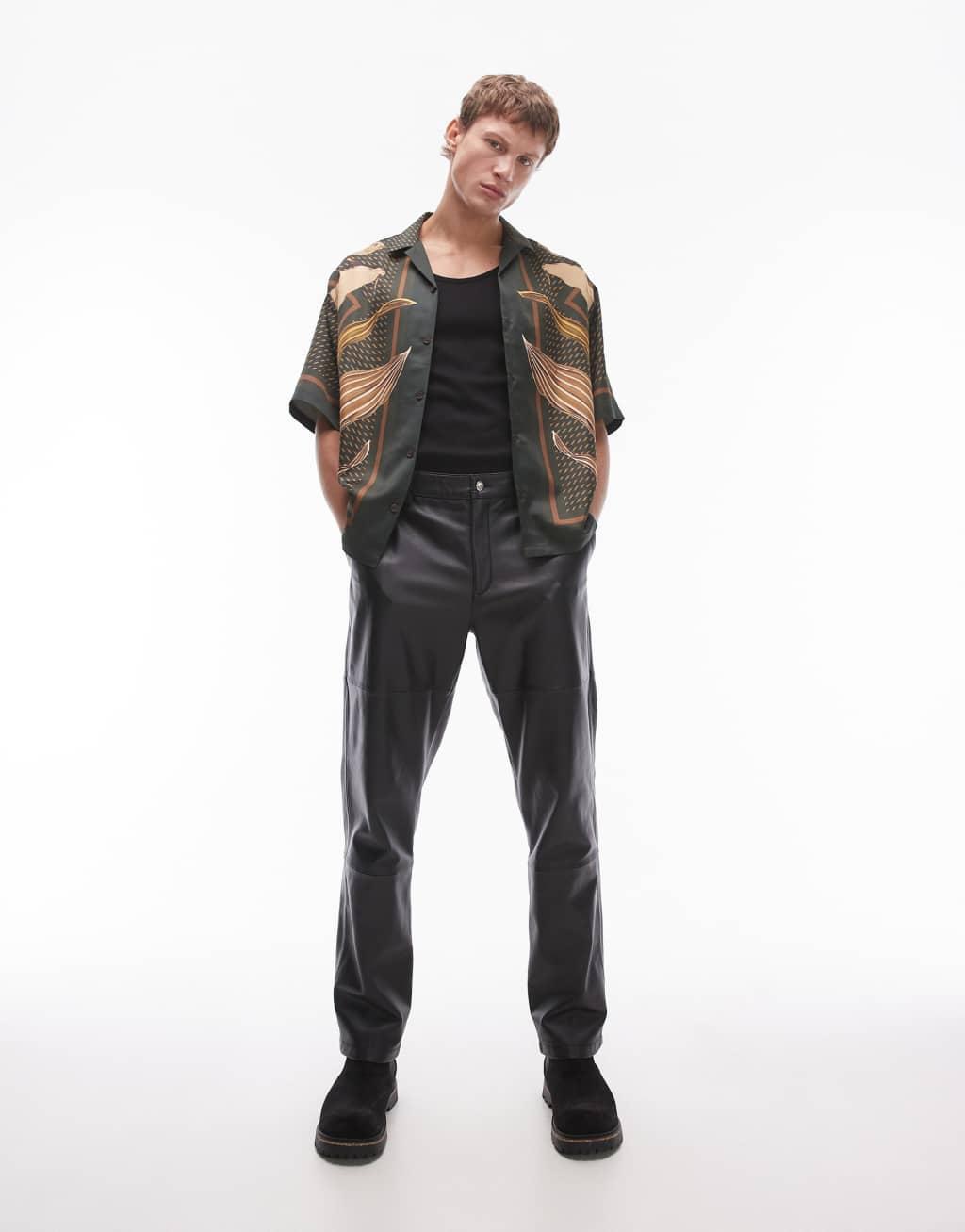 Topman premium straight leather pants in black Product Image