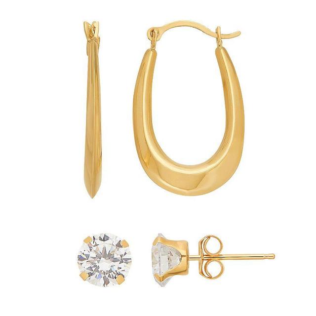 Everlasting Gold 14k Gold Cubic Zirconia Stud & U Hoop Earring Set, Womens Product Image