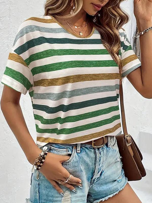 Loose Short Sleeves Striped Round-Neck T-Shirts Tops Product Image