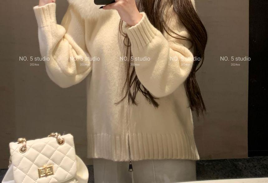 Fluffy Hooded Plain Knit Zip Cardigan Product Image