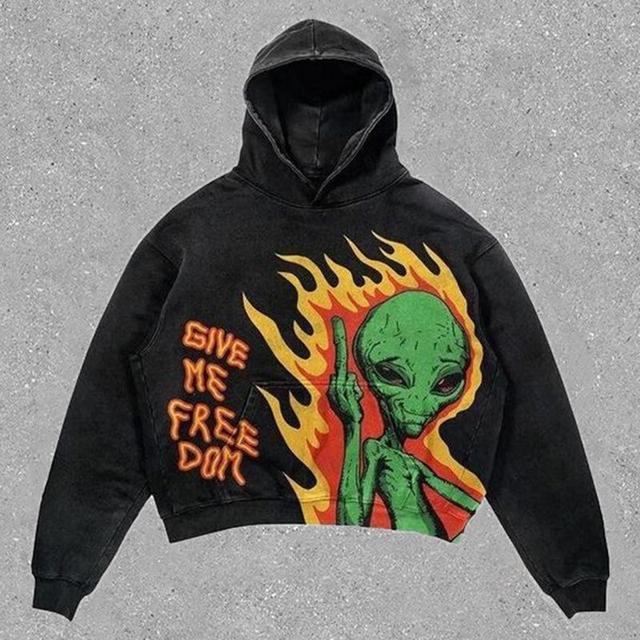 Relaxed Vintage Alien Print Graphic Casual Street Washed Hoodie Product Image