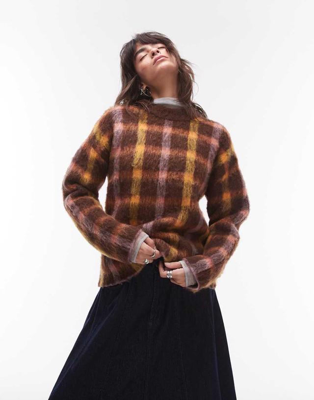 Topshop knitted blurred check relaxed longline sweater in brown Product Image