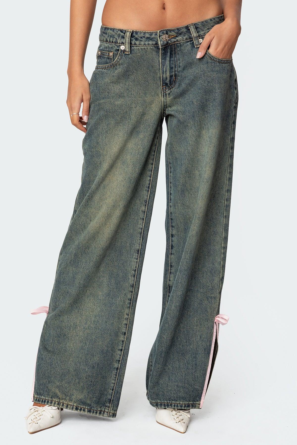 Bow Slitted Vintage Washed Jeans Product Image